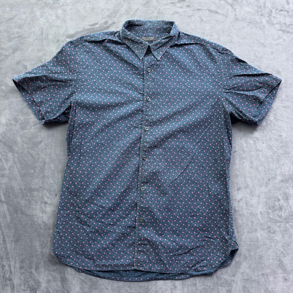 Banana Republic Mens Camden Fit 078 Wash Short Sleeve Shirt Navy Pink Floral M